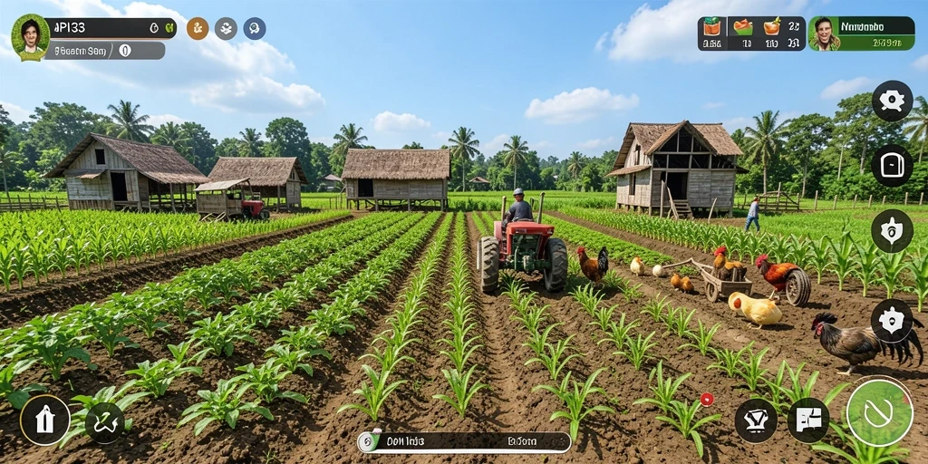 Tangkapan layar utama API33 menampilkan pemandangan ladang yang indah dan aktivitas bertani.