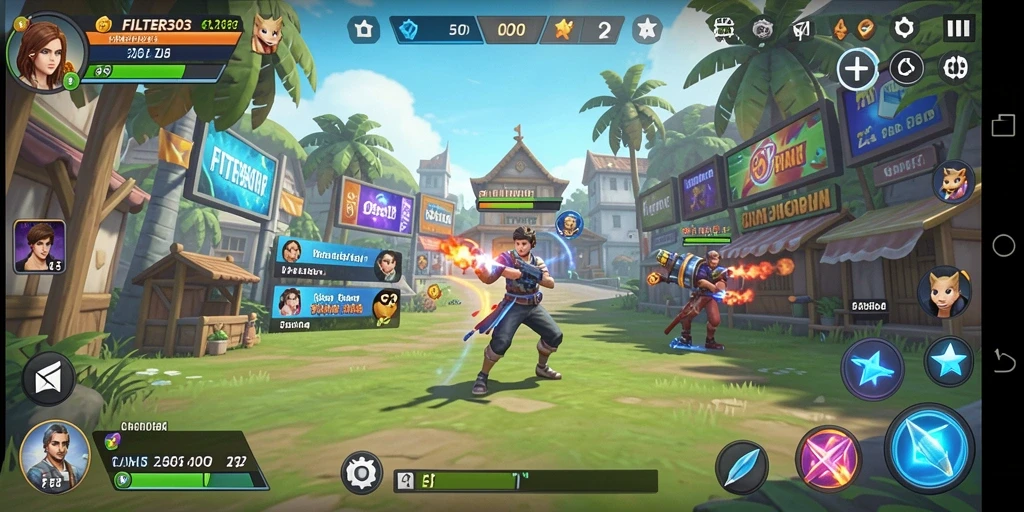 Tangkapan layar gameplay FILTER303 menampilkan petualangan seru dan penuh warna.