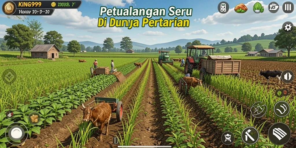 Tampilan gameplay KING999 yang menampilkan petualangan bertani yang seru.