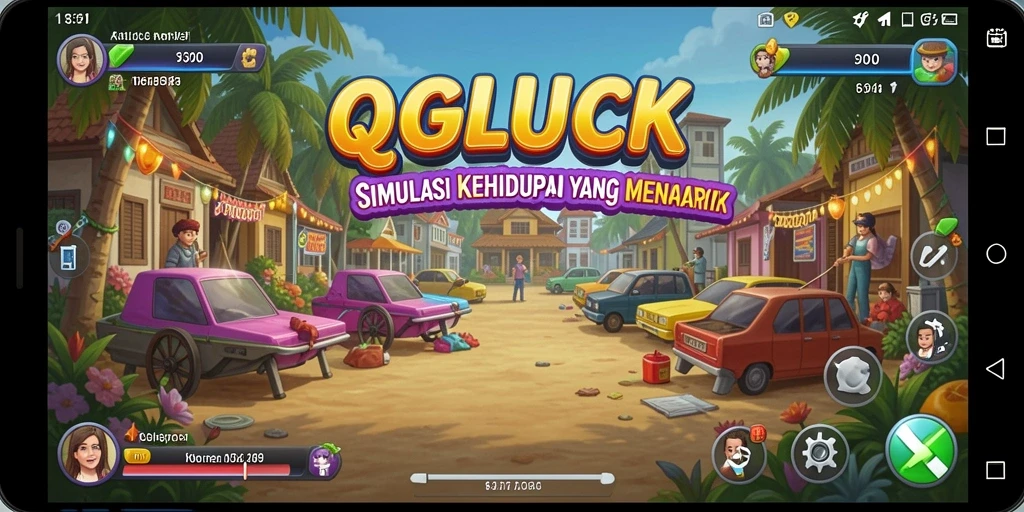 Tangkapan layar utama QGLUCK menampilkan gameplay menarik dengan interaksi karakter.