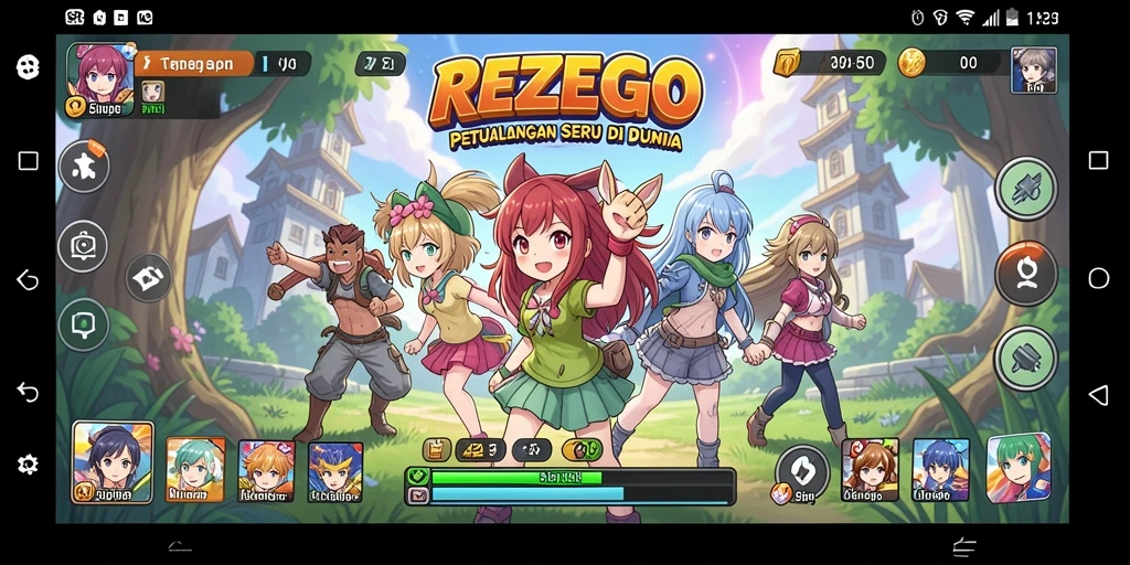 Screenshot gameplay REZEGO dengan karakter anime yang menarik.