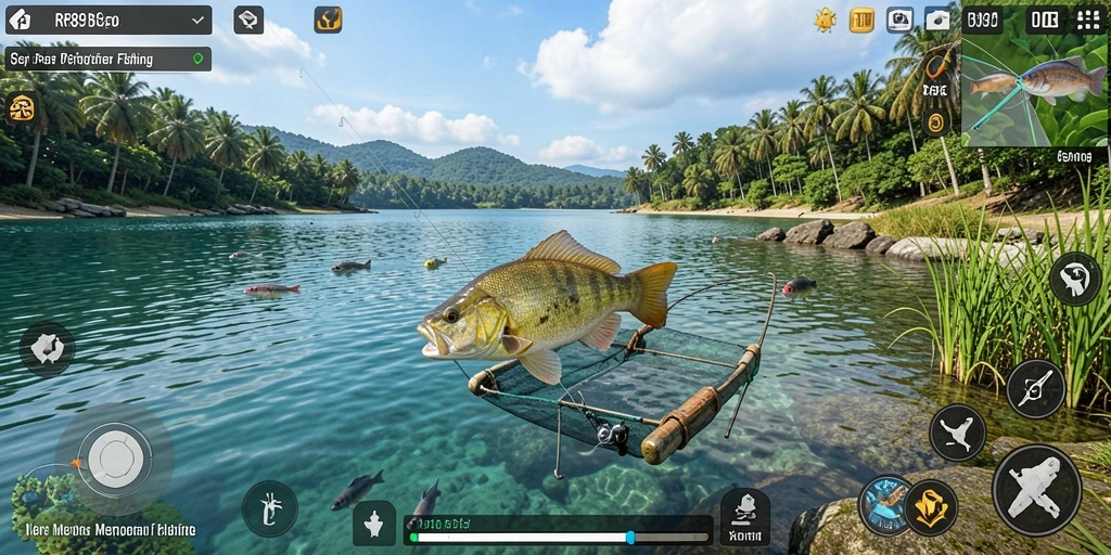 Screenshot gameplay RR89 yang menampilkan aksi memancing yang seru.