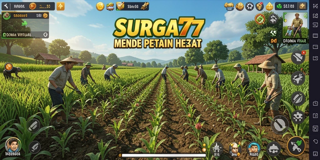 Tangkapan layar gameplay SURGA77 menampilkan ladang subur dengan tanaman dan hewan.